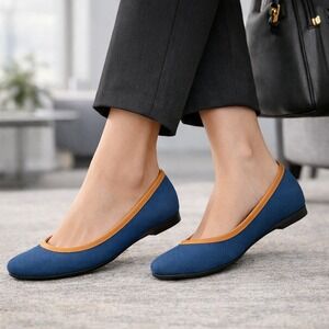 Talbots Womens Blue Canvas Ballet Flats Tan Leather Trim Made in Brazil Size 8W